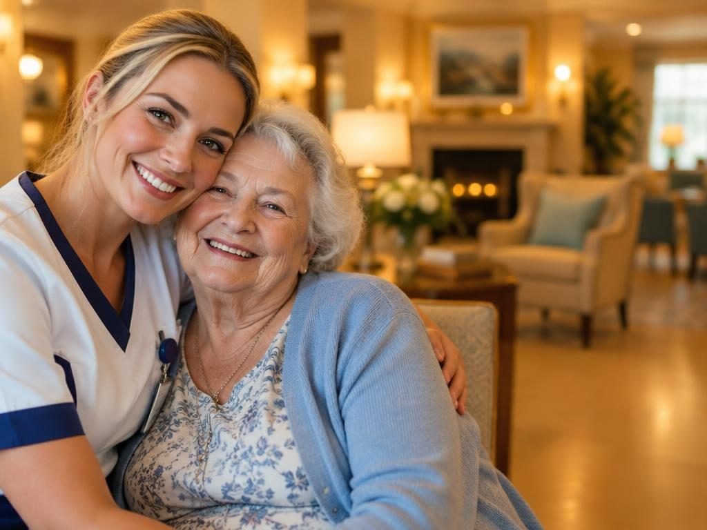 Caregiver hugging a senior woman