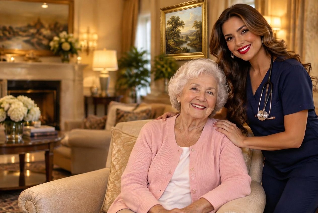 Confident caregiver in navy scrubs with a smiling senior woman